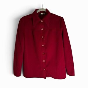 Vtg 70s Red Ribbed Knit Long Sleeve Dagger Collar Button Up Shirt Goblincore Med